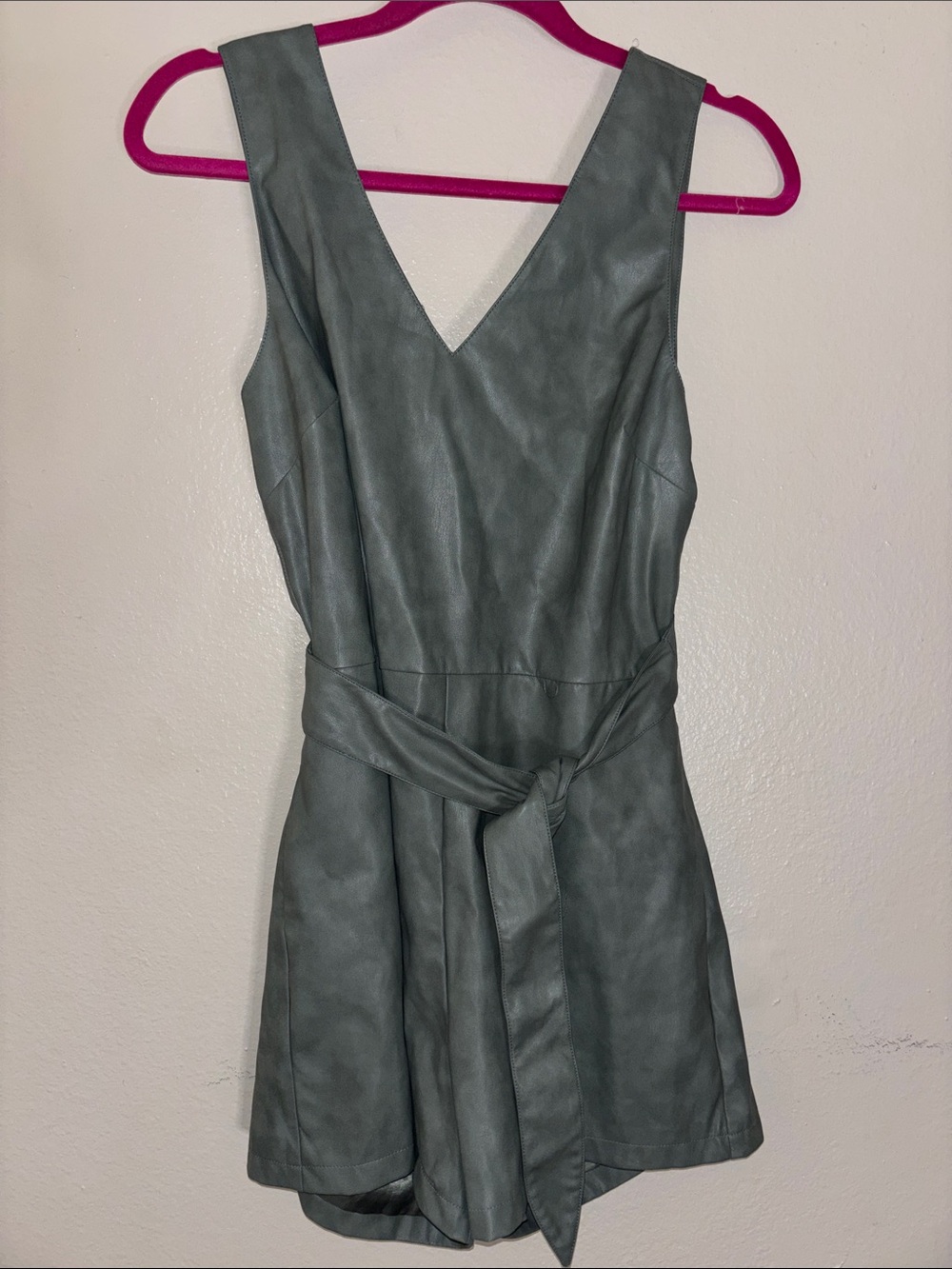 Avec Les Filles Sage Gray Faux-Leather V-Neck Mini Dress with Waist Tie